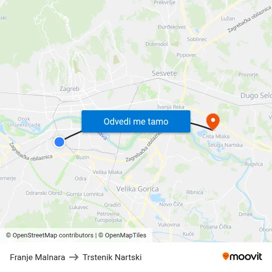 Franje Malnara to Trstenik Nartski map