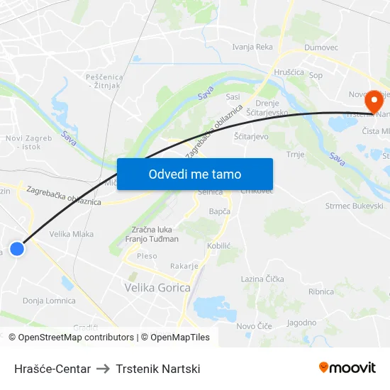 Hrašće-Centar to Trstenik Nartski map