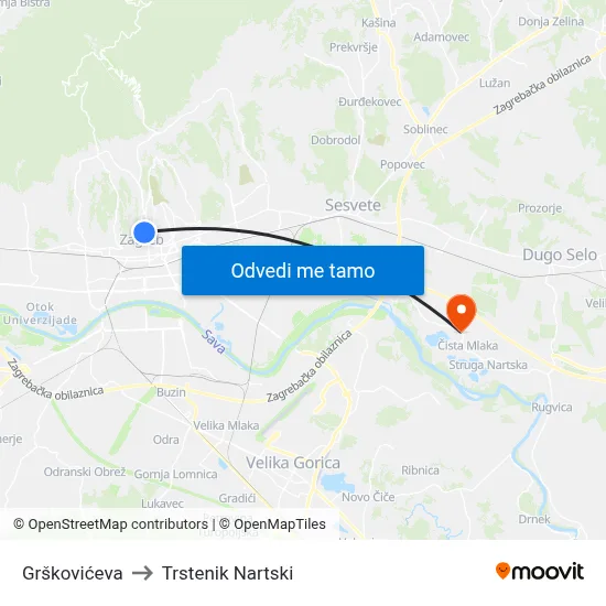 Grškovićeva to Trstenik Nartski map