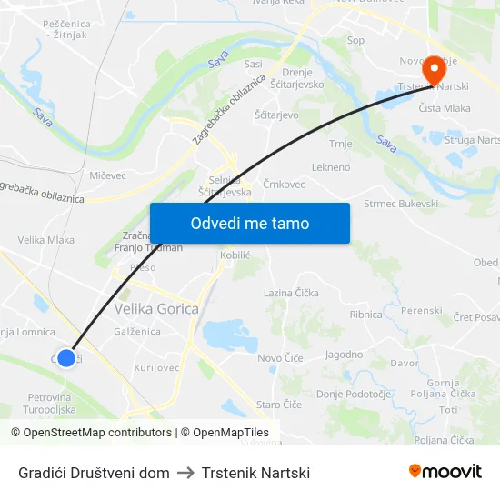 Gradići Društveni dom to Trstenik Nartski map