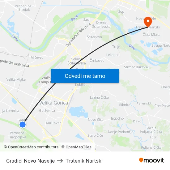 Gradići Novo Naselje to Trstenik Nartski map