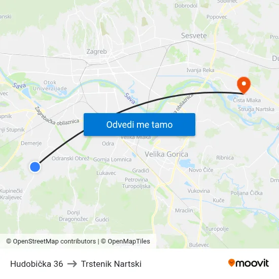 Hudobička 36 to Trstenik Nartski map