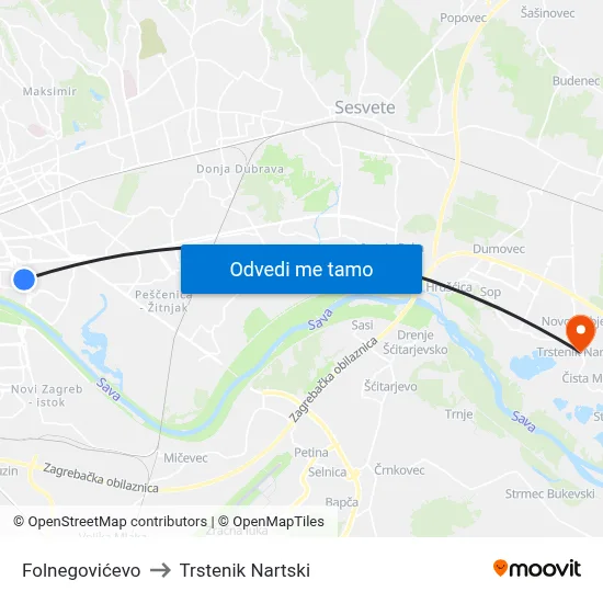 Folnegovićevo to Trstenik Nartski map