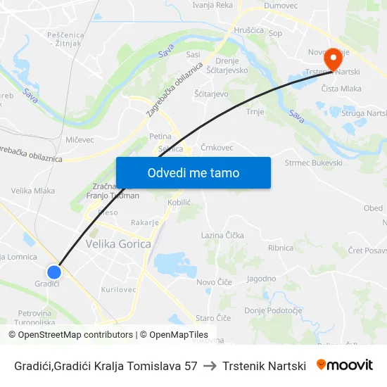 Gradići,Gradići Kralja Tomislava 57 to Trstenik Nartski map