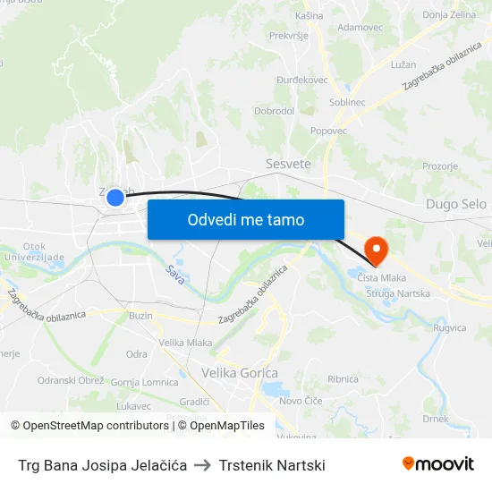 Trg Bana Josipa Jelačića to Trstenik Nartski map