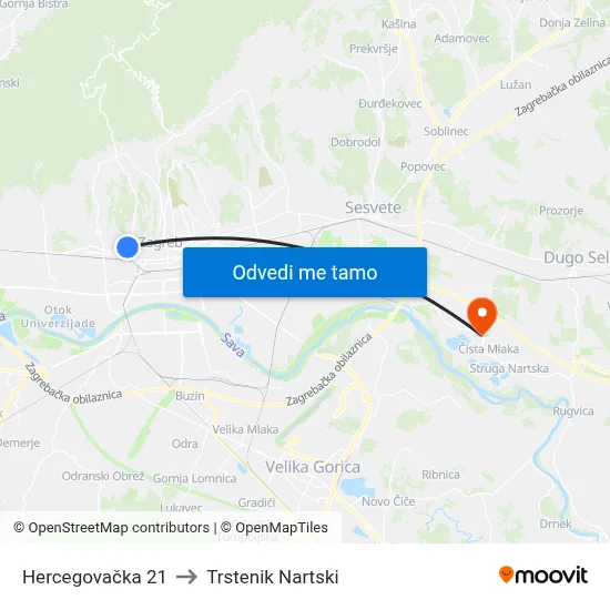 Hercegovačka 21 to Trstenik Nartski map