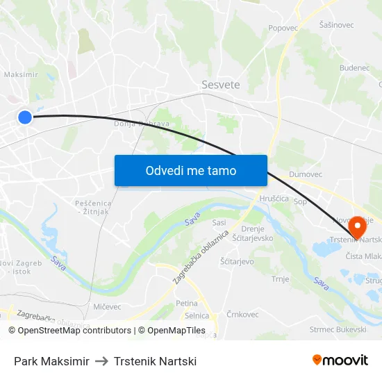 Park Maksimir to Trstenik Nartski map