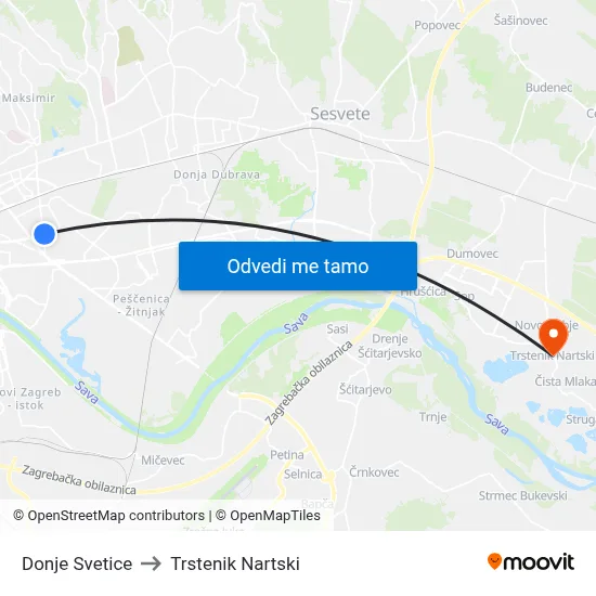 Donje Svetice to Trstenik Nartski map