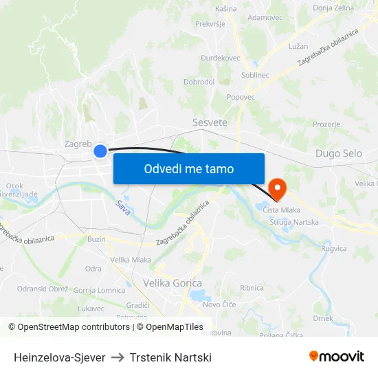 Heinzelova-Sjever to Trstenik Nartski map
