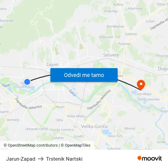 Jarun-Zapad to Trstenik Nartski map