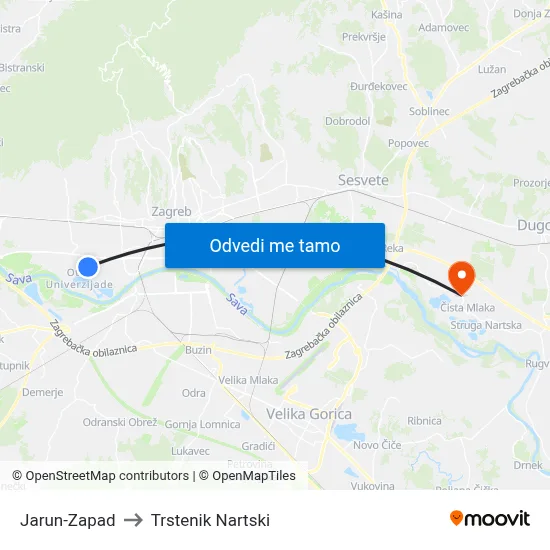Jarun-Zapad to Trstenik Nartski map