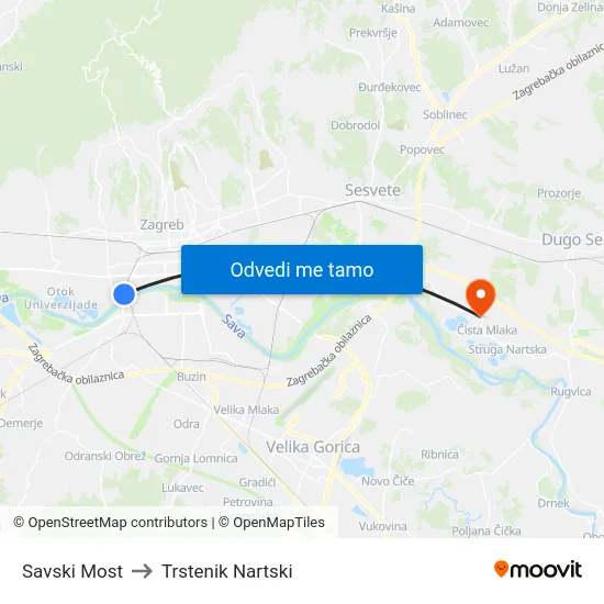 Savski Most to Trstenik Nartski map