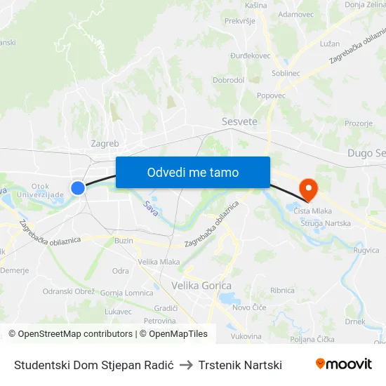 Studentski Dom Stjepan Radić to Trstenik Nartski map