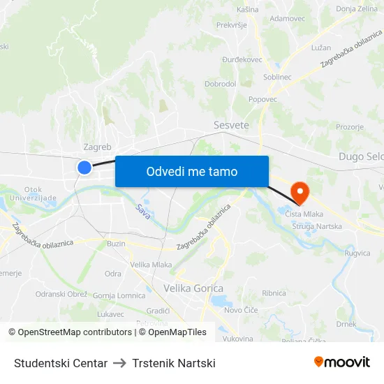 Studentski Centar to Trstenik Nartski map
