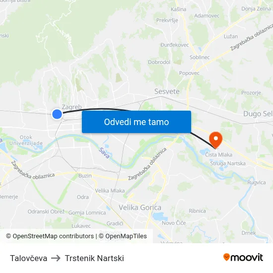 Talovčeva to Trstenik Nartski map