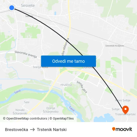 Brestovečka to Trstenik Nartski map