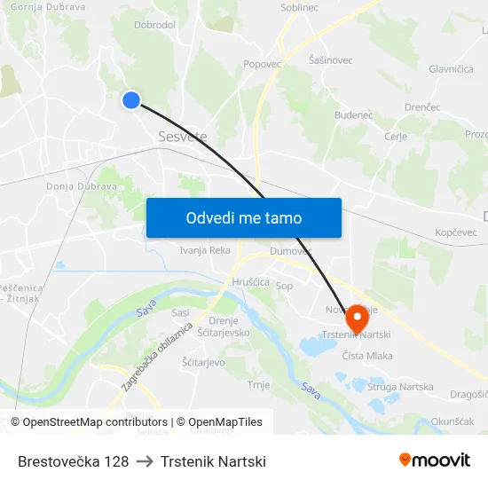 Brestovečka 128 to Trstenik Nartski map