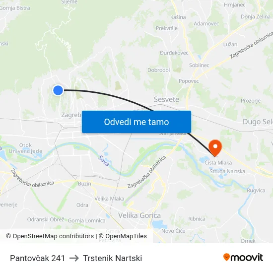 Pantovčak 241 to Trstenik Nartski map