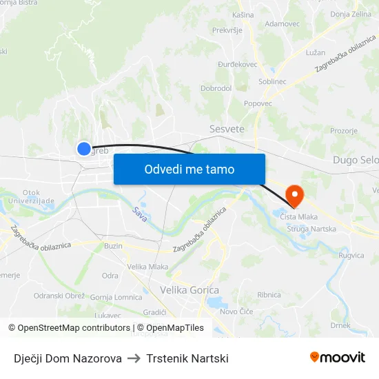 Dječji Dom Nazorova to Trstenik Nartski map