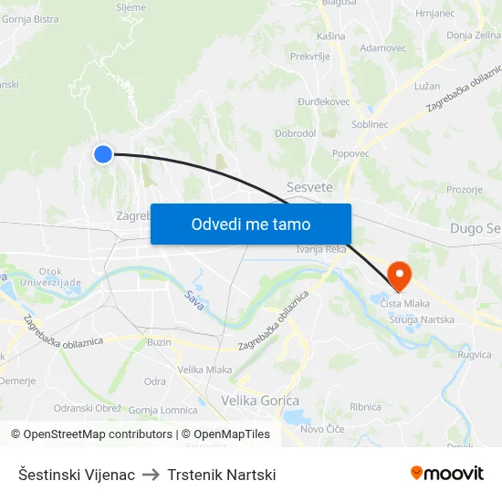 Šestinski Vijenac to Trstenik Nartski map