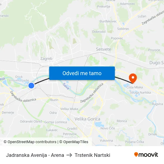 Jadranska Avenija - Arena to Trstenik Nartski map