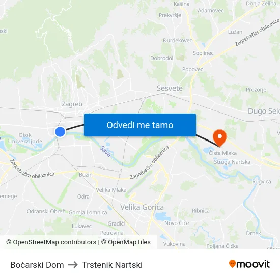 Boćarski Dom to Trstenik Nartski map