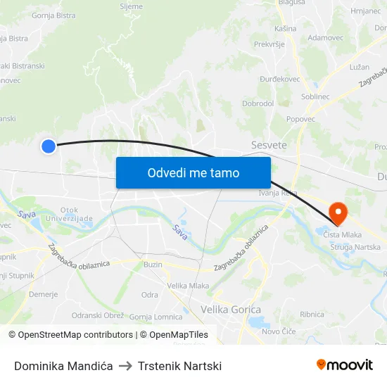 Dominika Mandića to Trstenik Nartski map