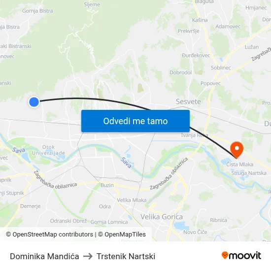 Dominika Mandića to Trstenik Nartski map
