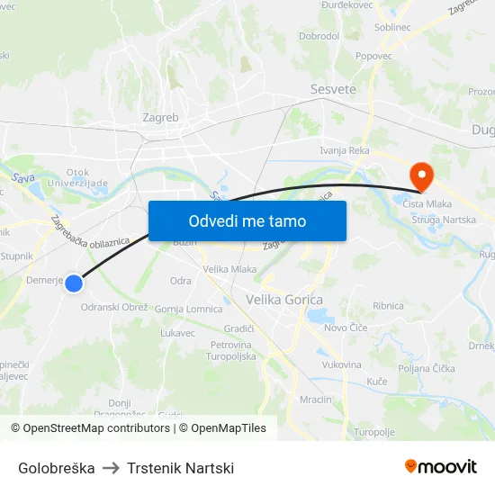 Golobreška to Trstenik Nartski map