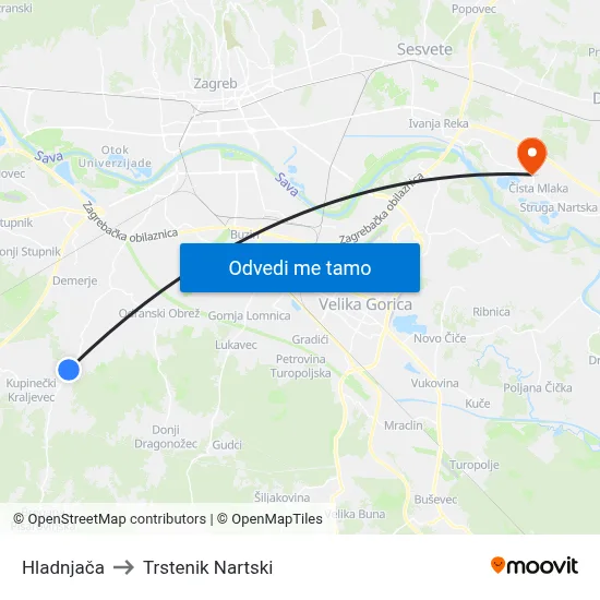 Hladnjača to Trstenik Nartski map