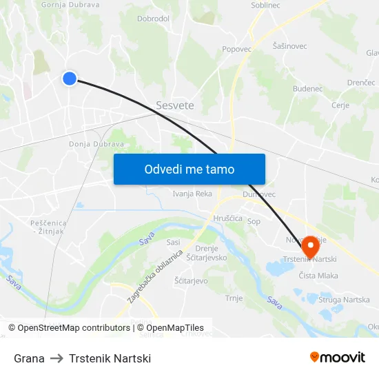 Grana to Trstenik Nartski map