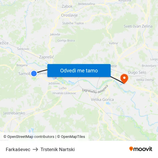 Farkaševec to Trstenik Nartski map