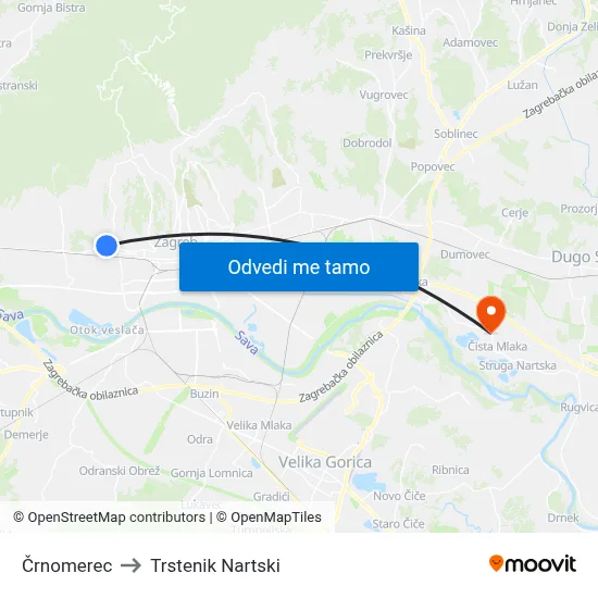 Črnomerec to Trstenik Nartski map