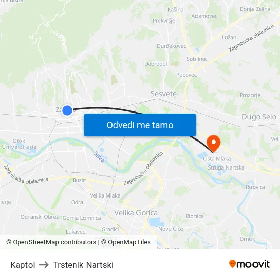 Kaptol to Trstenik Nartski map