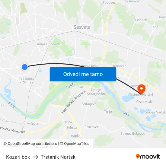 Kozari bok to Trstenik Nartski map