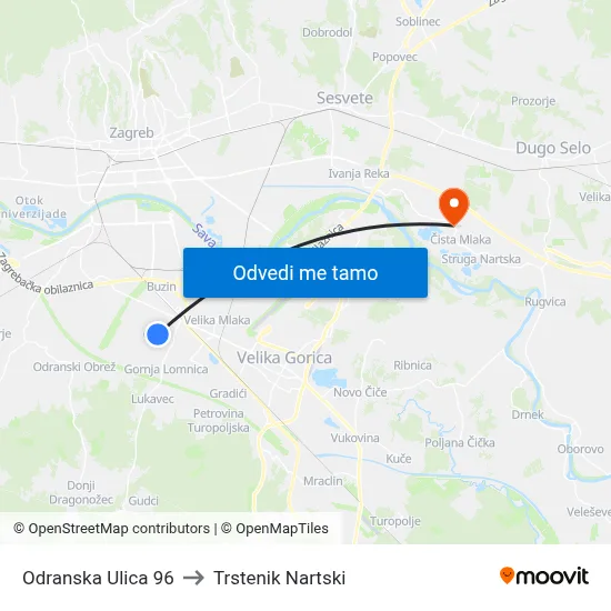 Odranska Ulica 96 to Trstenik Nartski map