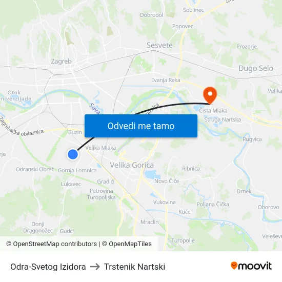 Odra-Svetog Izidora to Trstenik Nartski map