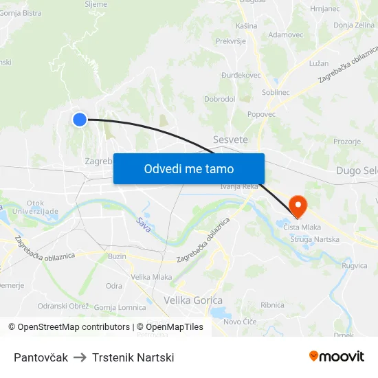 Pantovčak to Trstenik Nartski map