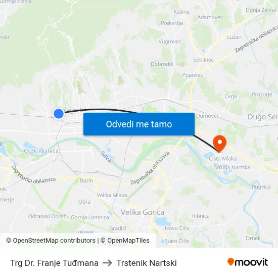 Trg Dr. Franje Tuđmana to Trstenik Nartski map