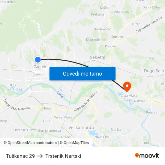 Tuškanac 29 to Trstenik Nartski map