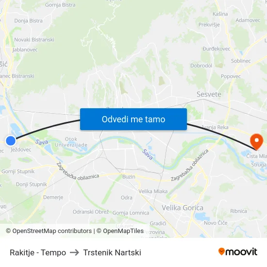 Rakitje - Tempo to Trstenik Nartski map