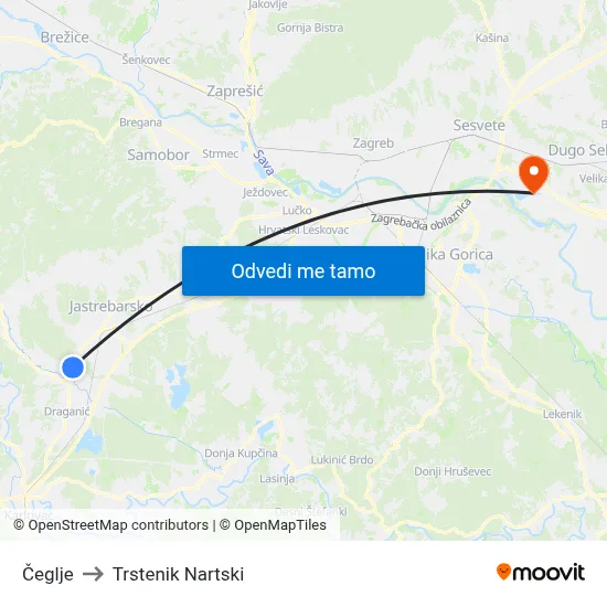 Čeglje to Trstenik Nartski map