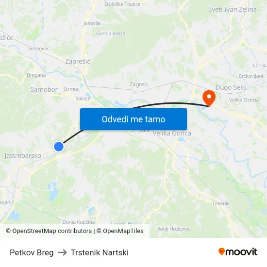 Petkov Breg to Trstenik Nartski map