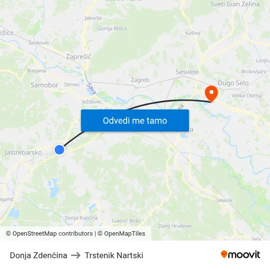 Donja Zdenčina to Trstenik Nartski map