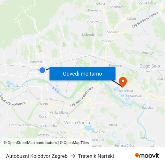 Autobusni Kolodvor Zagreb to Trstenik Nartski map