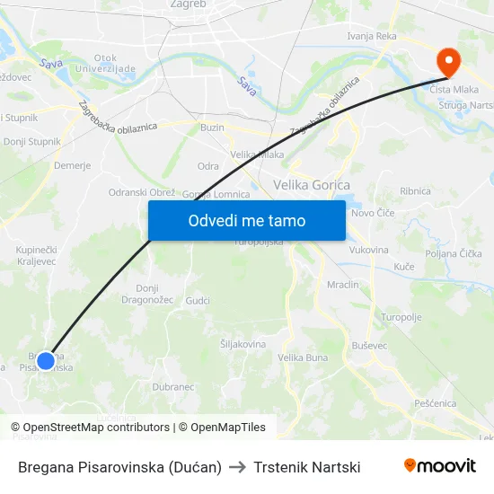 Bregana Pisarovinska (Dućan) to Trstenik Nartski map