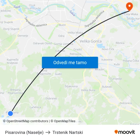 Pisarovina (Naselje) to Trstenik Nartski map