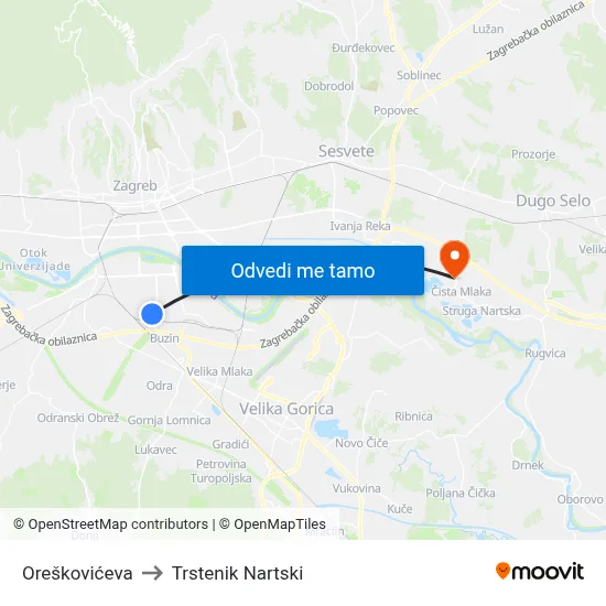 Oreškovićeva to Trstenik Nartski map