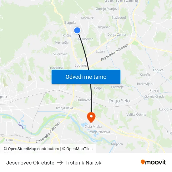 Jesenovec-Okretište to Trstenik Nartski map