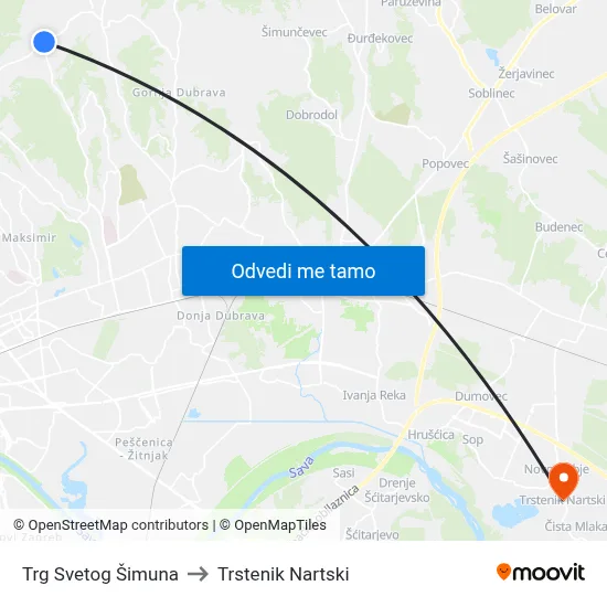 Trg Svetog Šimuna to Trstenik Nartski map